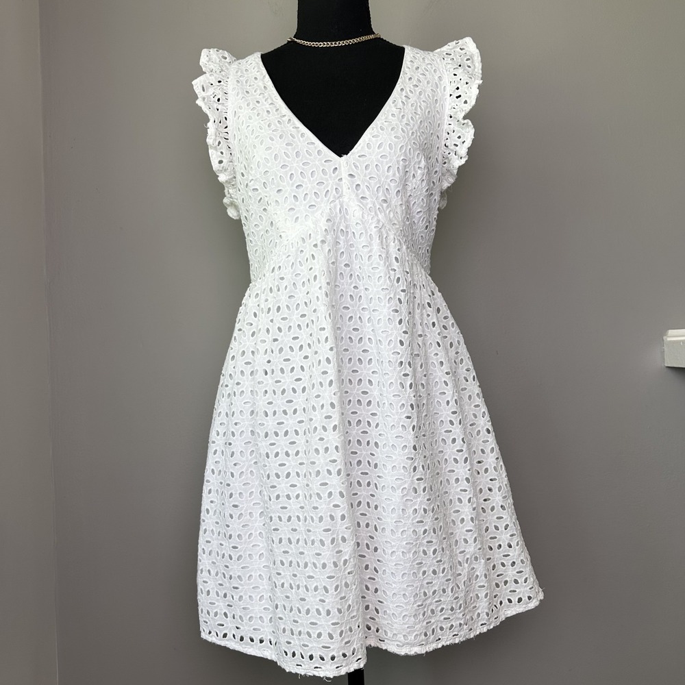 Altar'd State Dress Womens Medium White Eyelet Ruffle Lined‎ Summer Boho Cottage